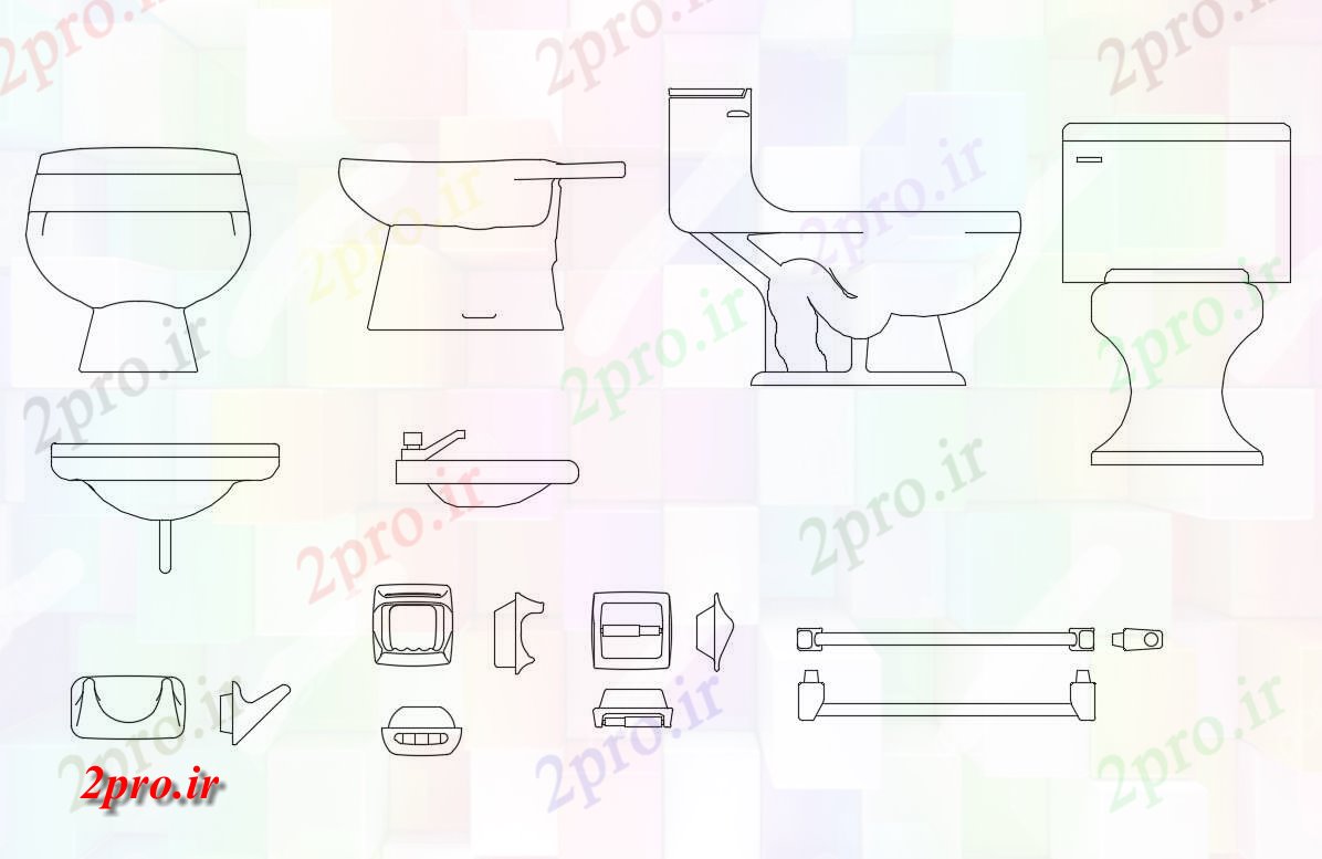 دانلود نقشه تجهیزات بهداشتی ورق های توالت متعدد و بلوک های ظروف بهداشتی  (کد83647)