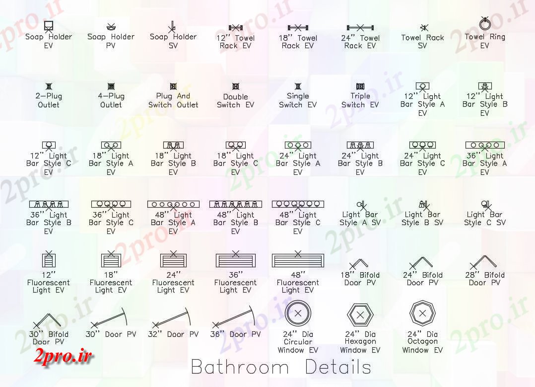 دانلود نقشه تجهیزات بهداشتی حمام بلوک تجهیزات چندگانه  (کد83663)