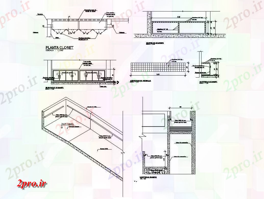 دانلود نقشه جزئیات ساختار گنجه طبقه، مش توزیع و ساختار جزئیات ساختمان اداری (کد83704)