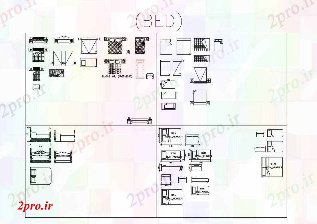 دانلود نقشه بلوک مبلمان تخت بلوک های پویا تک و دو نما  (کد83776)