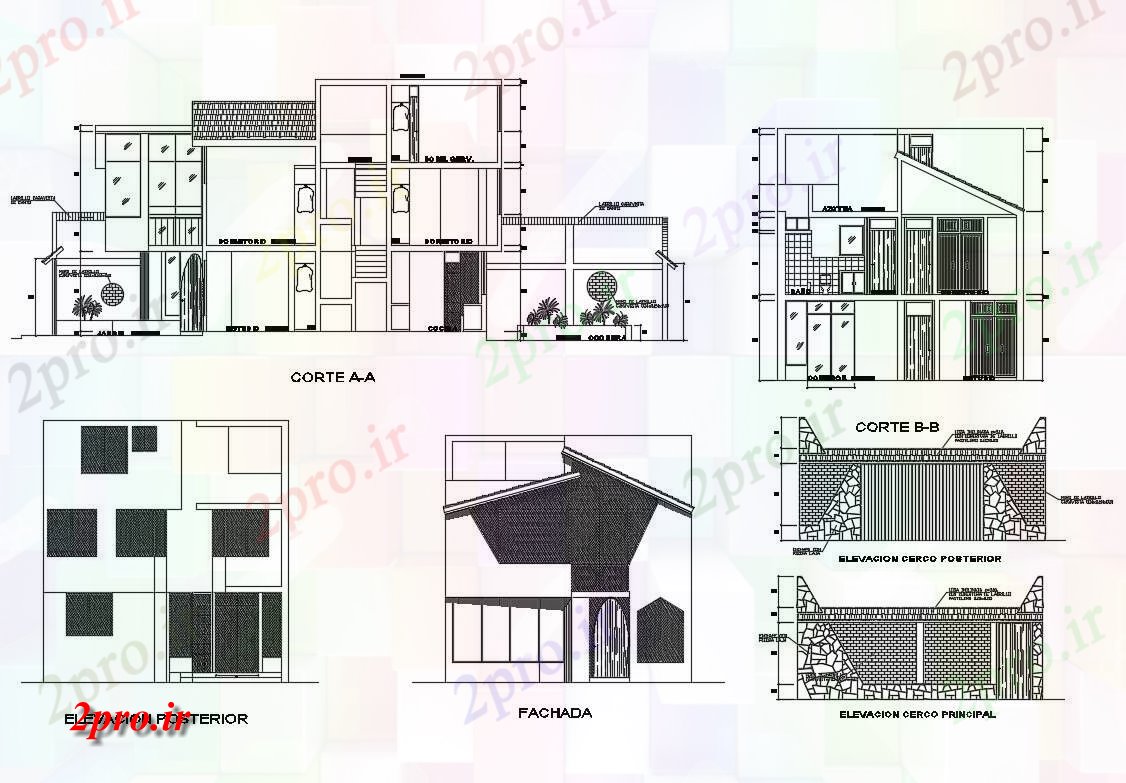 دانلود نقشه مسکونی ، ویلایی ، آپارتمان تنها نما خانه خانواده، بخش و دروازه و حصار جزئیات 8 در 12 متر (کد83827)