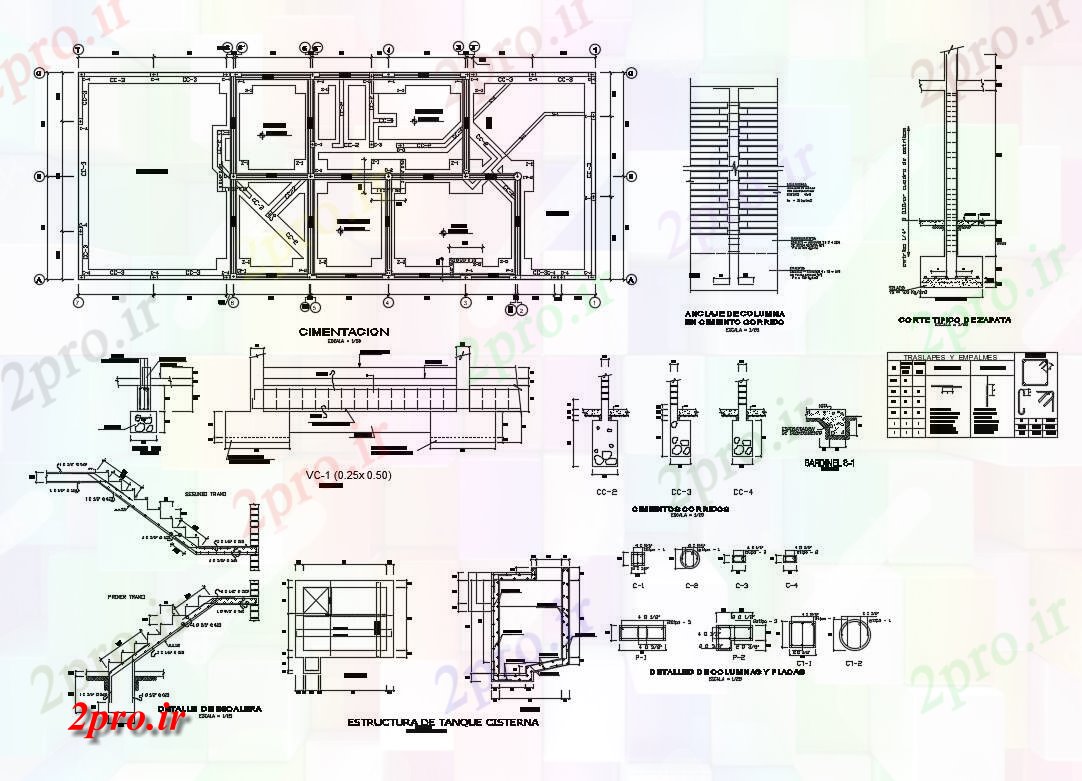 دانلود نقشه جزئیات ساختار بنیاد، راه پله و چند جزئیات ساختار سازنده خانه (کد83828)