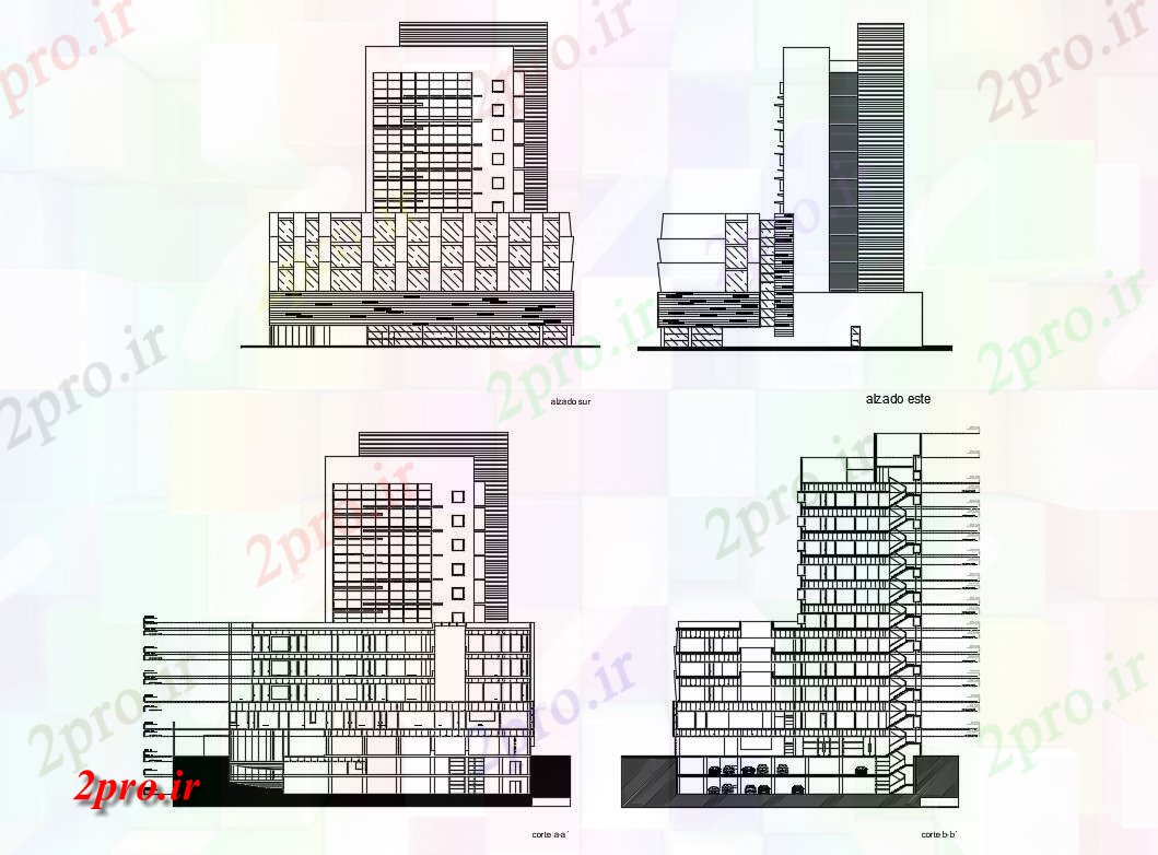 دانلود نقشه بیمارستان - درمانگاه - کلینیک چند طبقه جلو بیمارستان زنان و زایمان و نما عقب و بخش جزئیات 43 در 50 متر (کد83872)