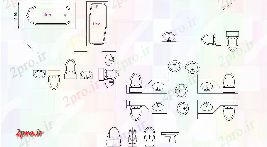 دانلود نقشه تجهیزات بهداشتی وان حمام متعدد و بلوک های بهداشتی  (کد83976)