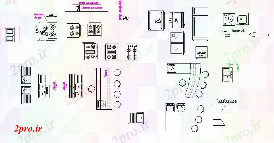 دانلود نقشه بلوک مبلمان مشترک چندین بلوک آشپزخانه  (کد83977)