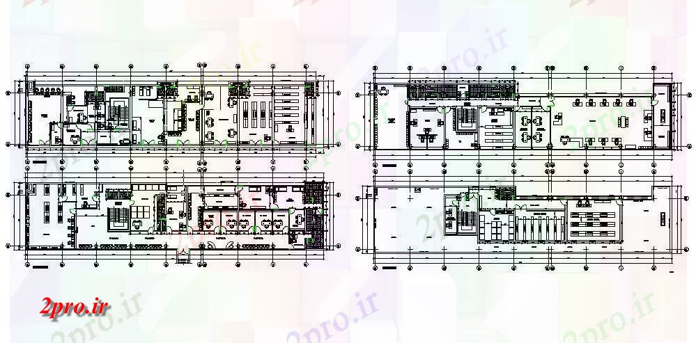 دانلود نقشه ساختمان اداری - تجاری - صنعتی زمین، اول، دوم و سوم جزئیات طراحی طبقه از ساختمان اداری 11 در 50 متر (کد84002)