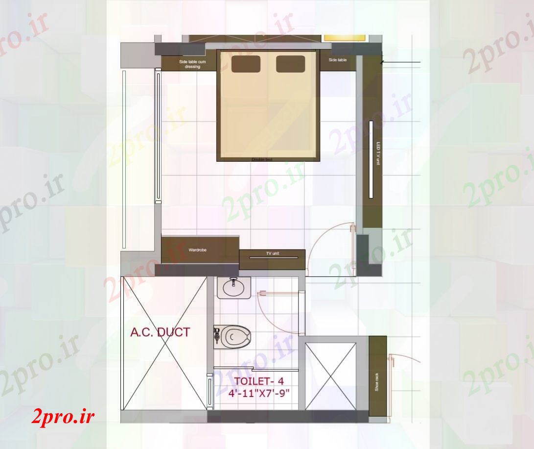 دانلود نقشه اتاق خواب مستر دار اتاق خواب با متصل طراحی توالت جزئیات  پی دی اف (کد84055)