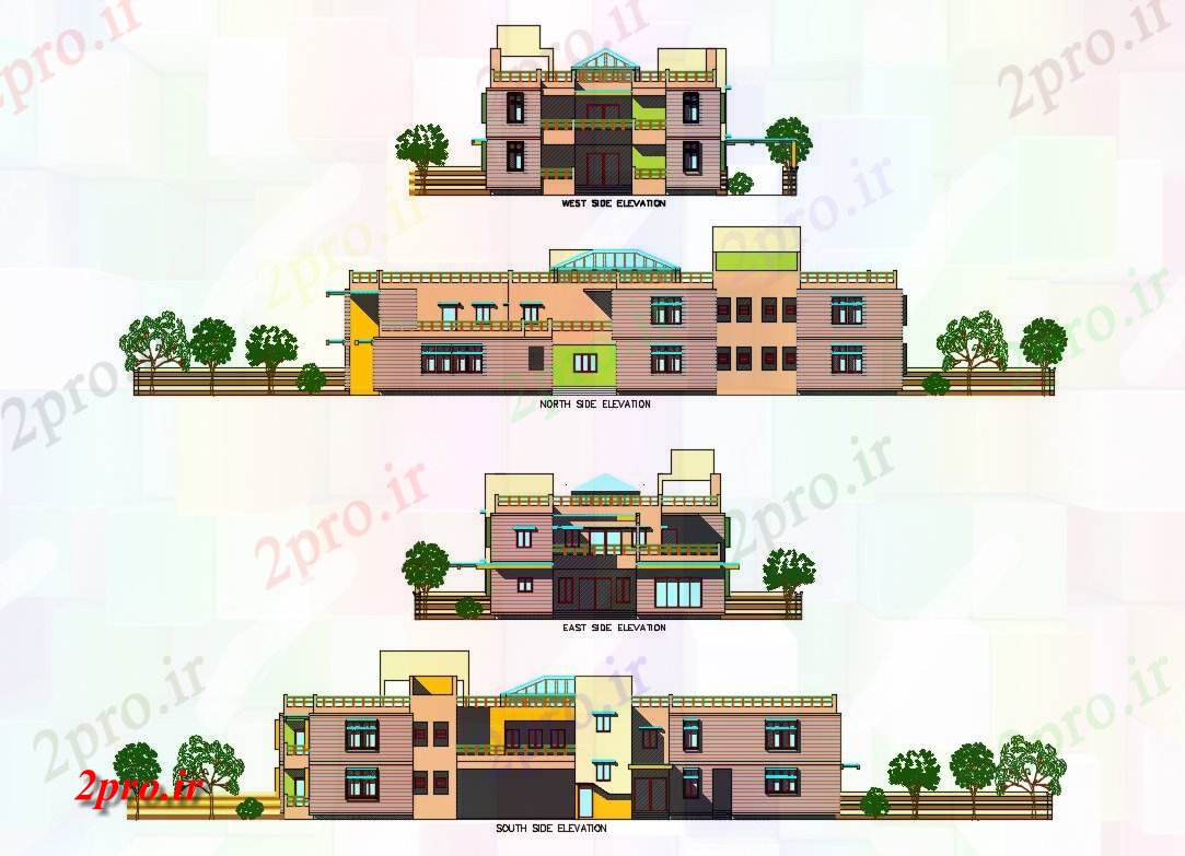 دانلود نقشه خانه های کوچک ، نگهبانی ، سازمانی - یک خانواده خانههای ویلایی تمام نما طرفه طراحی جزئیات 15 در 34 متر (کد84089)