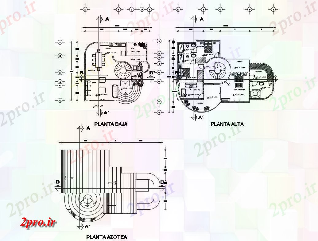 دانلود نقشه مسکونی ، ویلایی ، آپارتمان زمین، اول و نقشه پوشش جزئیات دو سطح خانه 10 در 17 متر (کد84099)