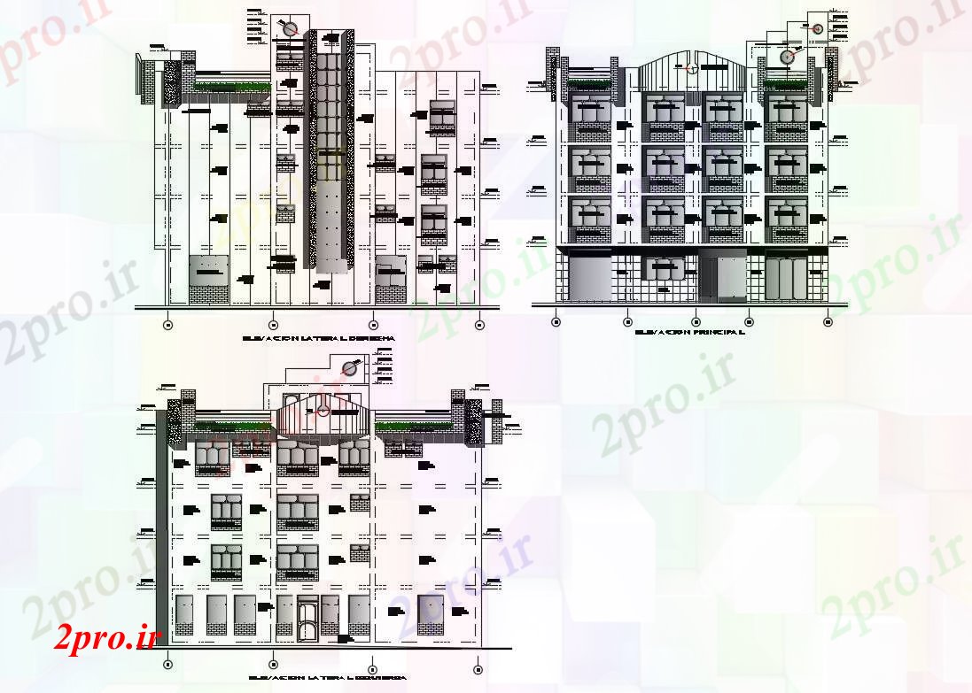 دانلود نقشه مسکونی  ، ویلایی ، آپارتمان  تمام جزئیات نما طرفه از چند آشنا ساختمان مسکونی (کد84114)