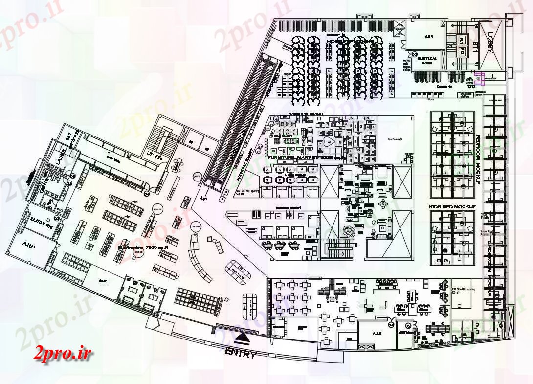 دانلود نقشه هایپر مارکت - مرکز خرید - فروشگاه مرکز خرید معماری طراحی های 52 در 82 متر (کد84127)