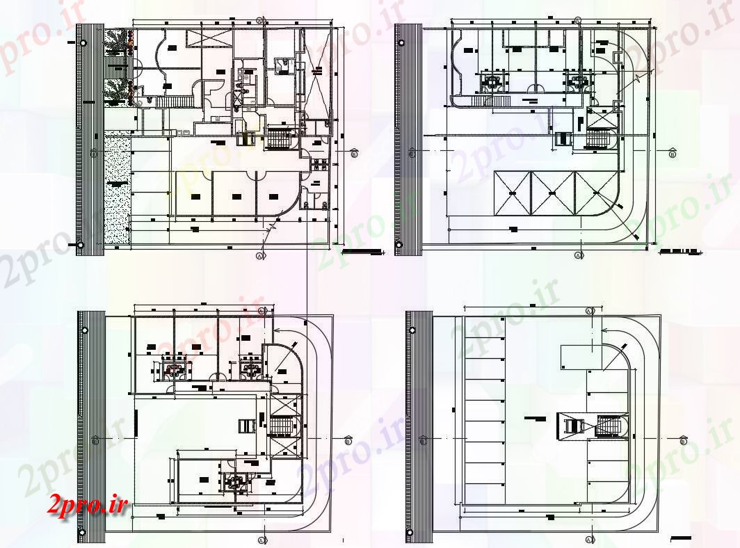 دانلود نقشه هایپر مارکت - مرکز خرید - فروشگاه زمین، اول، دوم و طبقه تراس جزئیات طرحی خرید مینی مرکز 22 در 24 متر (کد84132)