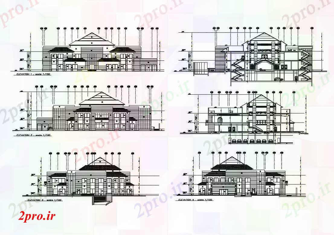 دانلود نقشه ساختمان اداری - تجاری - صنعتی همه نما و بخش جزئیات طرفه از دفتر شرکت ساخت و ساز 38 در 52 متر (کد84190)