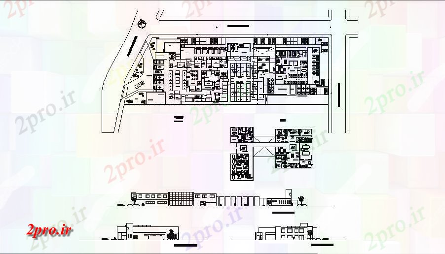 دانلود نقشه بیمارستان - درمانگاه - کلینیک چند سطح بیمارستان نما و طرحی توزیع طرفه جزئیات 40 در 101 متر (کد84209)