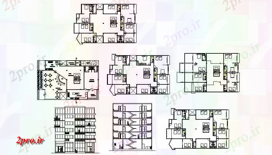 دانلود نقشه هتل - رستوران - اقامتگاه چند سطح هتل ساختمان نما، بخش و طرحی طبقه 15 در 25 متر (کد84216)