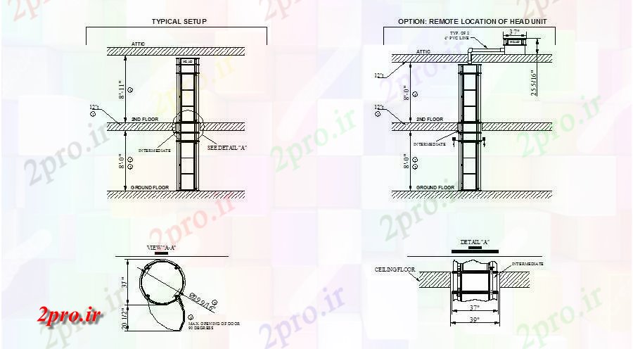 دانلود نقشه  جزئیات آسانسور و   دو  توقف نصب و راه اندازی  برای  خانه طراحی   (کد84253)