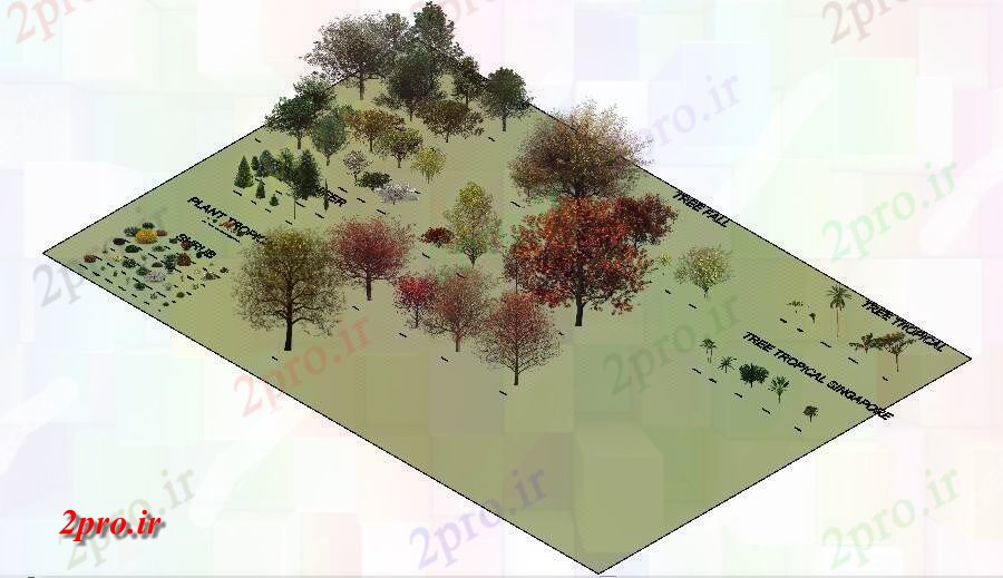 دانلود نقشه باغ درخت و گیاهان بلوک های متعدد تریدی محوطه سازی جزئیات ساختار  (کد84347)
