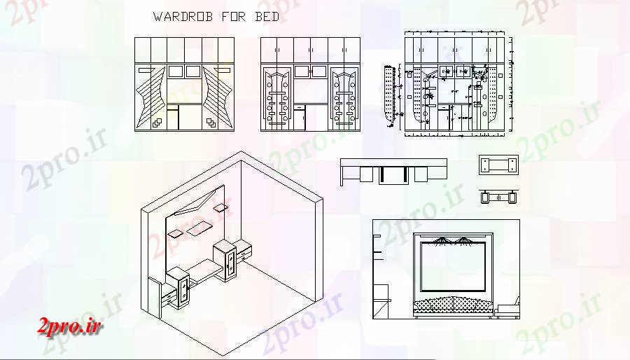 دانلود نقشه کمد دیواری لباس وردربس برای نما اتاق خواب و جزئیات  مبلمان  (کد84400)