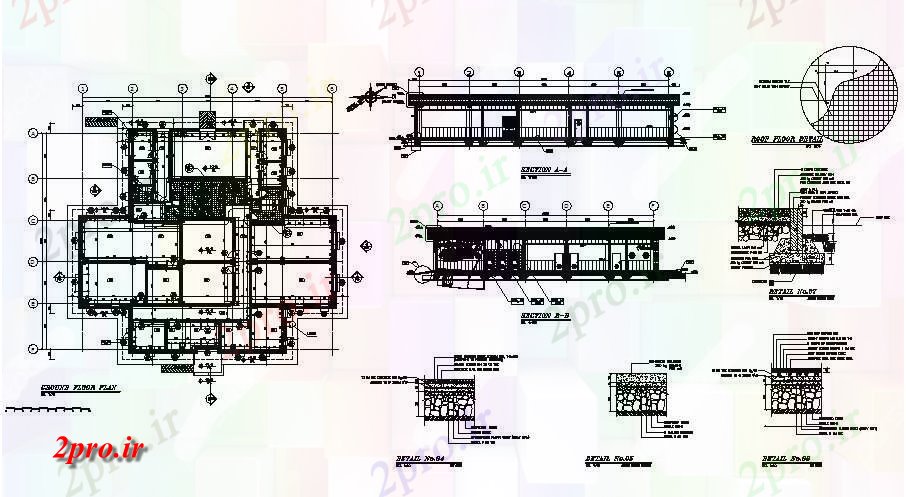 دانلود نقشه ساختمان اداری - تجاری - صنعتی بخش، طبقه همکف و ساخت و ساز جزئیات ساختمان اداری 26 در 30 متر (کد84415)