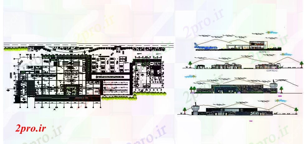 دانلود نقشه فرودگاه فرودگاه نما ساختمان، بخش و طرحی طبقه  (کد84425)