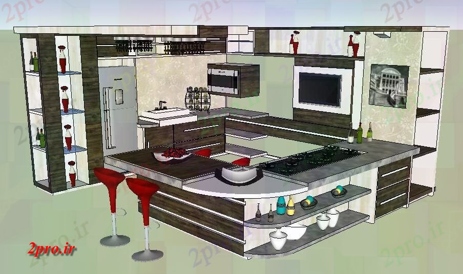 دانلود نقشه آشپزخانه آشپزخانه مدرن ازتریدی  خانه طراحی جزئیات SKP  (کد84426)