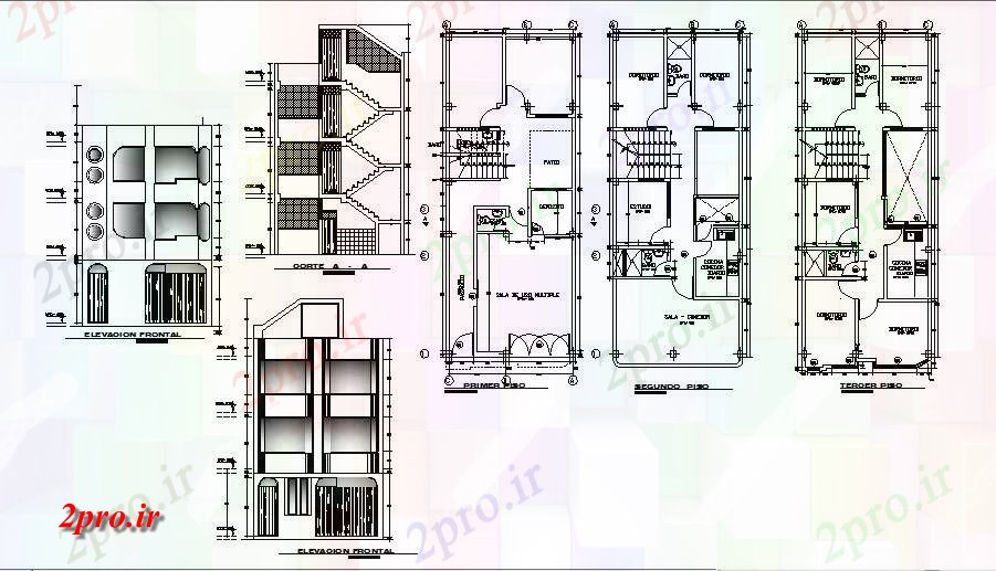 دانلود نقشه مسکونی ، ویلایی ، آپارتمان یک خانواده سه سطح خانه معماری دقیق پروژه 6 در 15 متر (کد84447)