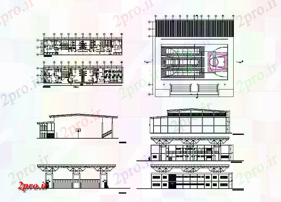 دانلود نقشه ورزشگاه ، سالن ورزش ، باشگاه ورزشی نما مرکز، بخش، طبقه طرحی 6 در 33 متر (کد84564)