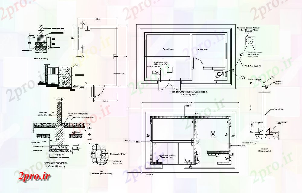 دانلود نقشه مسکونی  ، ویلایی ، آپارتمان  اتاق نگهبانی از طرحی پمپ خانه، پایه و اساس و خودکار  جزئیات  (کد84574)