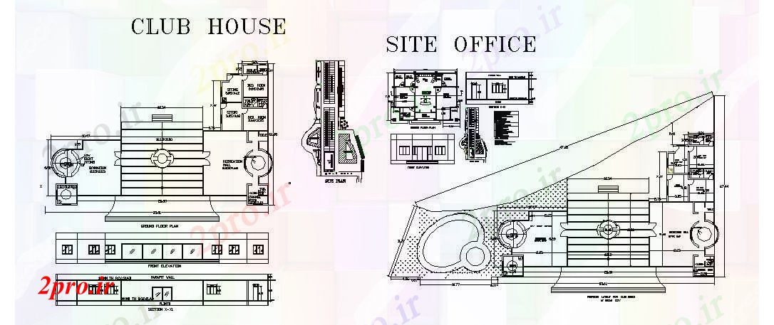 دانلود نقشه باشگاه باشگاه خانه نما، بخش، طرحی طبقه، طرحی سایت دفتر و خودکار جزئیات 50 در 70 متر (کد84590)