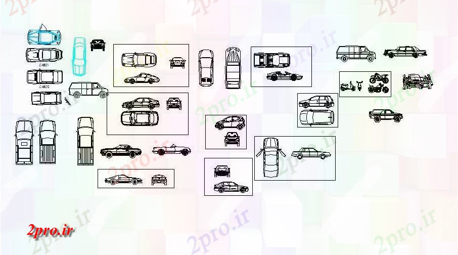 دانلود نقشه بلوک وسایل نقلیه اتومبیل های متعدد و دو بلوک چرخ  (کد84634)