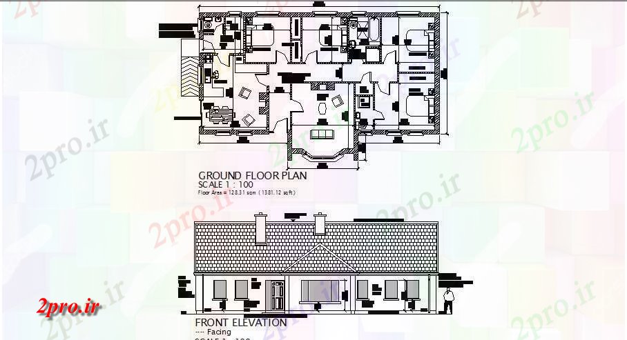 دانلود نقشه مسکونی ، ویلایی ، آپارتمان خانه مواجه نما و توزیع طرحی های 8 در 16 متر (کد84679)