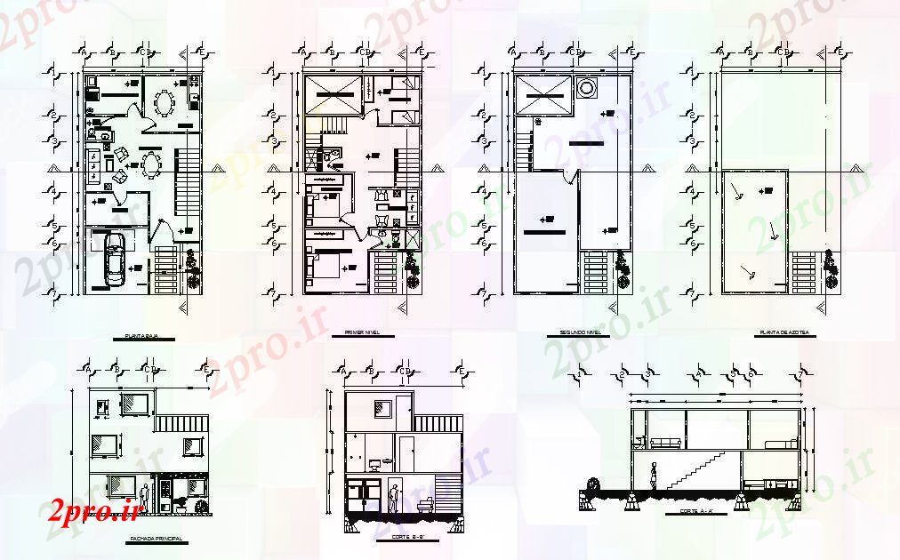 دانلود نقشه مسکونی ، ویلایی ، آپارتمان نما، بخش و طرحی طبقه جزئیات دو طبقه پی دی اف خانه 7 در 13 متر (کد84706)