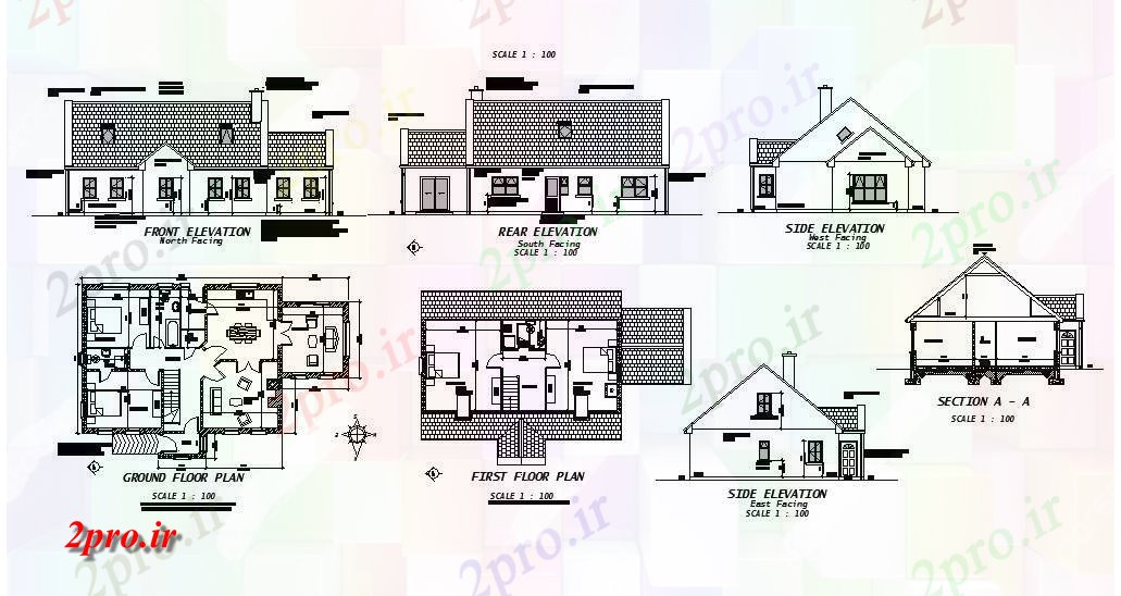 دانلود نقشه مسکونی ، ویلایی ، آپارتمان House تمام نما طرفه، بخش، همکف و طبقه اول طرحی 9 در 15 متر (کد84738)