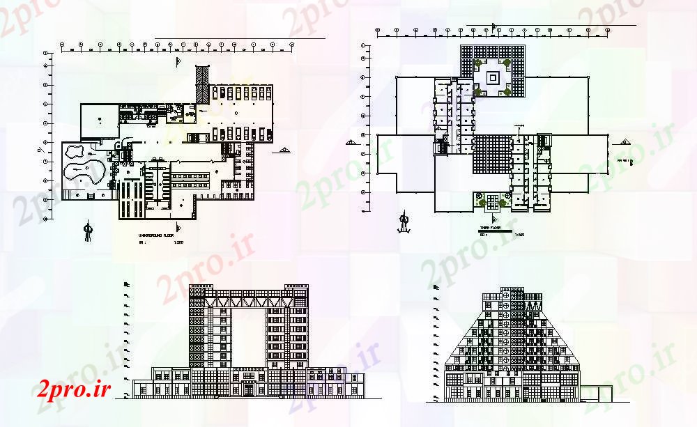 دانلود نقشه هتل - رستوران - اقامتگاه پنج ستاره چند طبقه نما هتل، بخش و کف طرحی های 65 در 90 متر (کد84762)