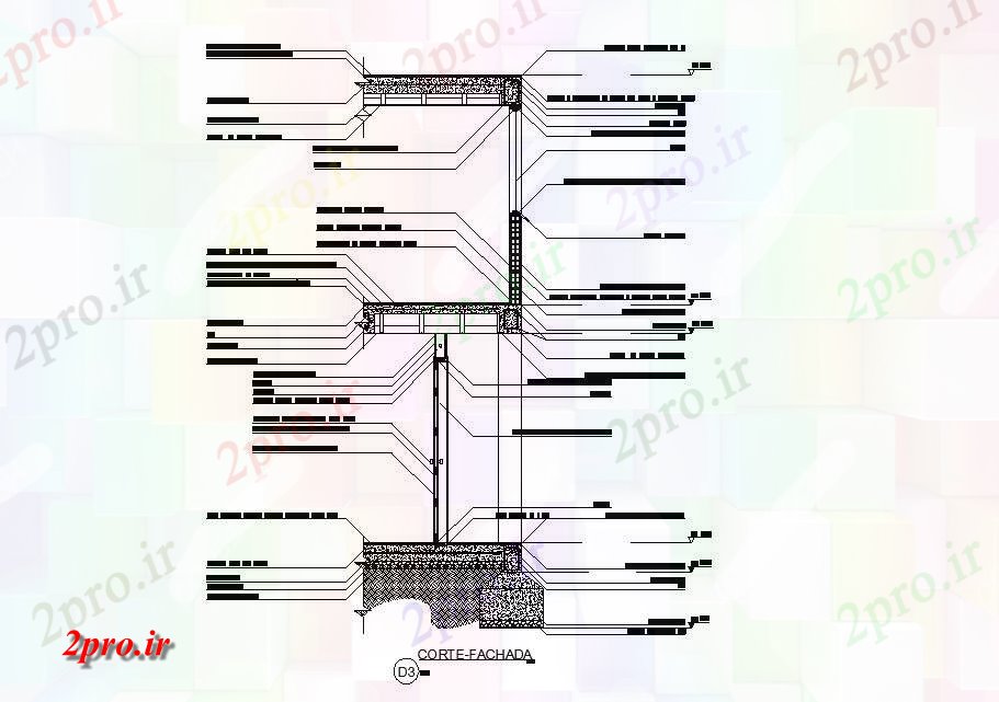 دانلود نقشه پلان مقطعی جلو رو به جزئیات بخش سازنده از دو طبقه خانه (کد84782)