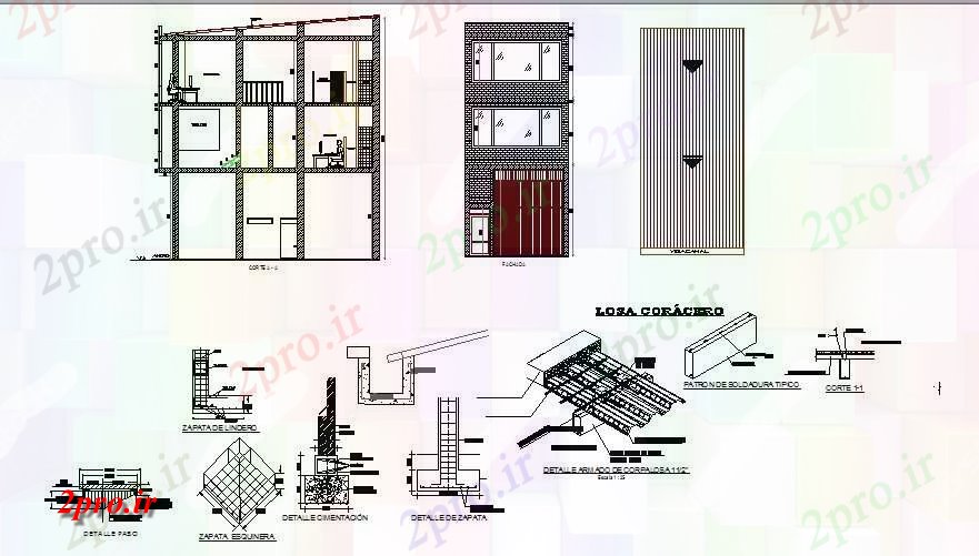 دانلود نقشه ساختمان اداری - تجاری - صنعتی سه دفتر دان ساخت نما، بخش و ساخت و ساز جزئیات 5 در 11 متر (کد84787)
