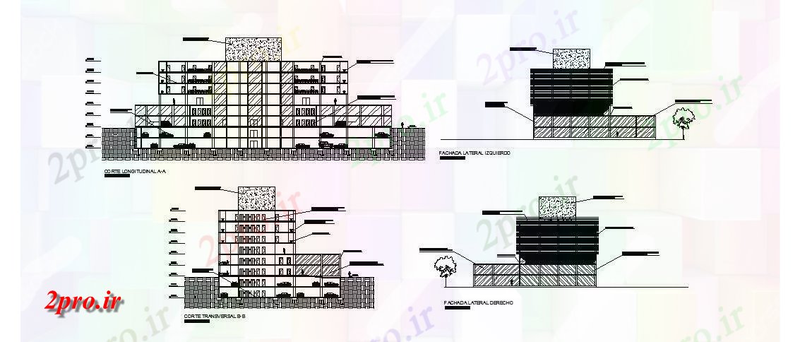 دانلود نقشه ساختمان اداری - تجاری - صنعتی جلو و عقب نما و بخش جزئیات ساختمان شرکت های بزرگ 36 در 101 متر (کد84802)