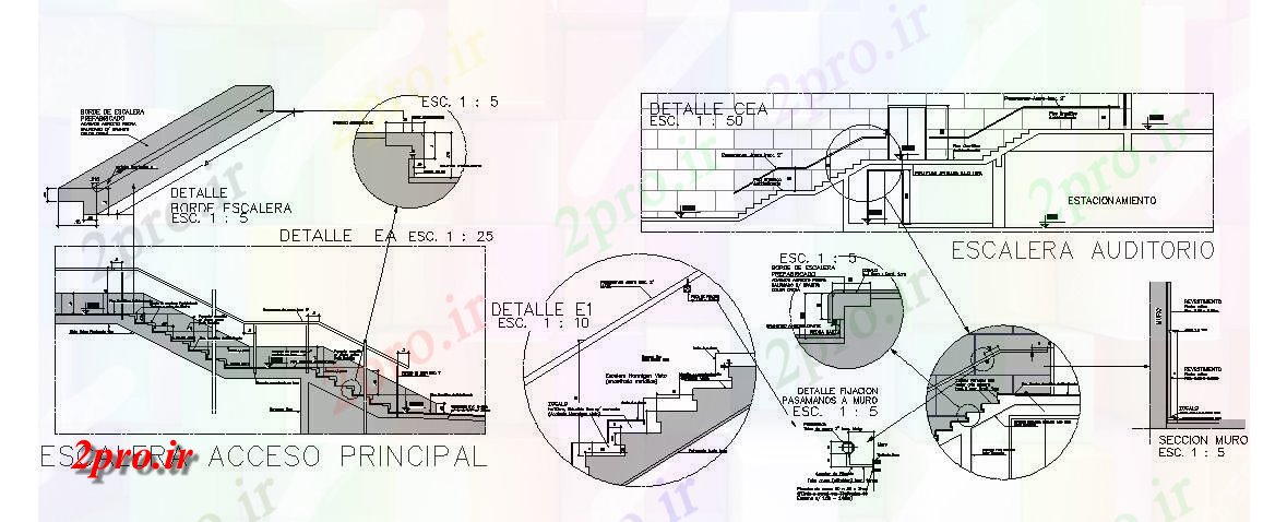 دانلود نقشه جزئیات ساختار راه پله دسترسی اصلی از مرکز سالن بخش، برنامه ریزی و ساخت و ساز جزئیات (کد84880)