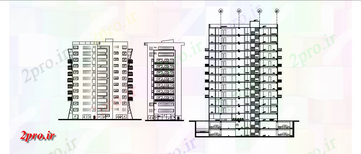 دانلود نقشه ساختمان مرتفعچند دان مخلوط فاده بلند ساخت نما و بخش جزئیات 17 در 27 متر (کد84894)