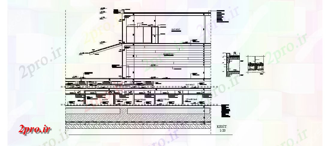 دانلود نقشه هتل - رستوران - اقامتگاه چند سطح هتل ساخت بخش سازنده طراحی جزئیات 30 در 45 متر (کد84897)