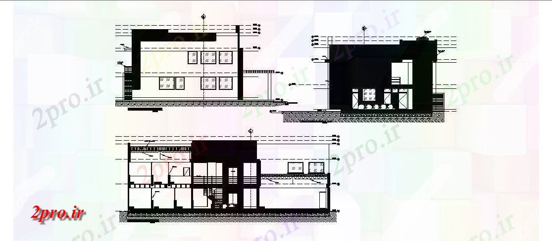 دانلود نقشه ساختمان اداری - تجاری - صنعتی ساختمان اداری نما دو طبقه و بخش 14 در 27 متر (کد84930)