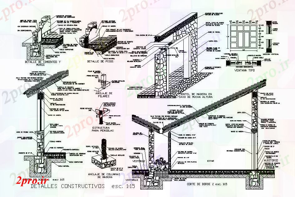 دانلود نقشه جزئیات ساخت و ساز سازنده بخش، ساخت و ساز دیوار و پنجره (کد84962)
