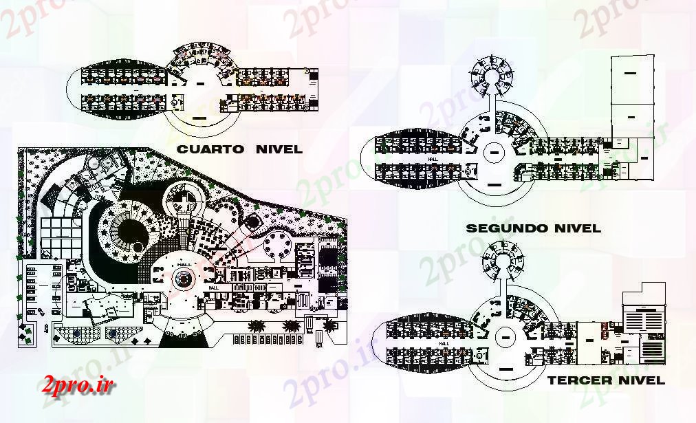 دانلود نقشه هتل - رستوران - اقامتگاه هتل چهار ستاره زمین، اول، دوم و سوم طرحی طبقه 60 در 131 متر (کد84966)
