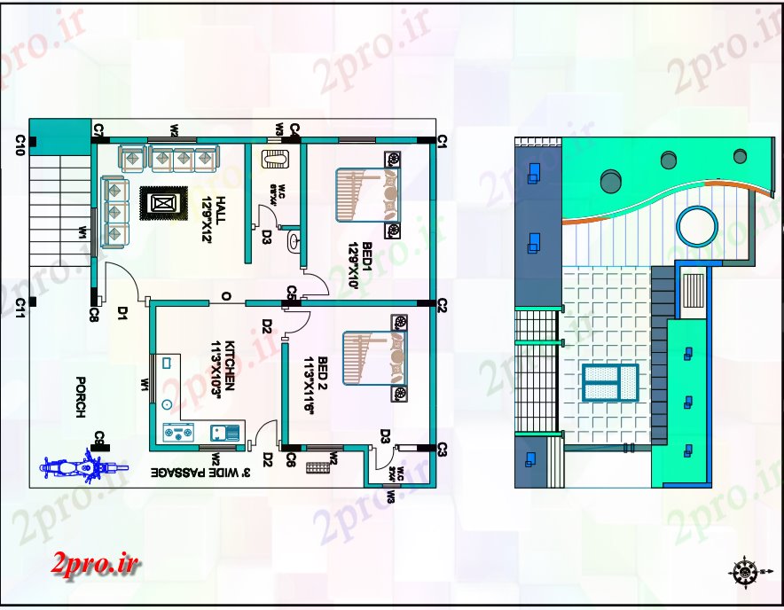 دانلود نقشه خانه مسکونی ، ویلاتنها طبقه طرحی ساختمان مسکونی 19 در 19 متر (کد85062)