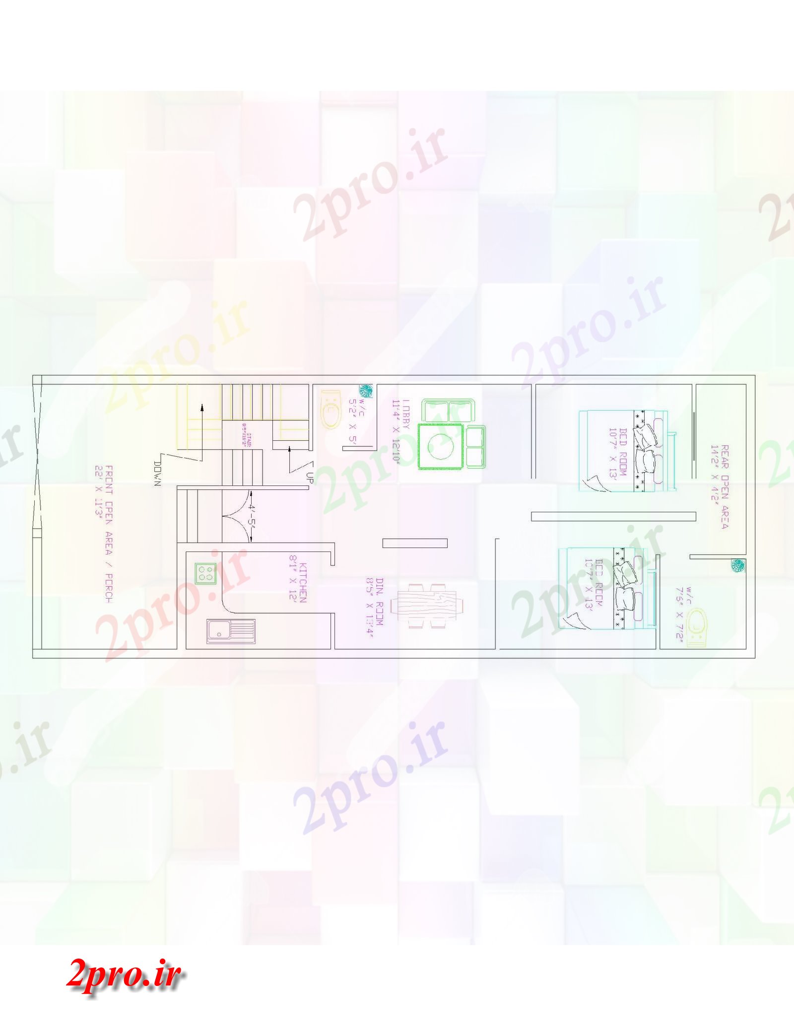 دانلود نقشه مسکونی ، ویلایی ، آپارتمان طرحی دو بعدی خانه با نمای 2 در 5 متر (کد85147)