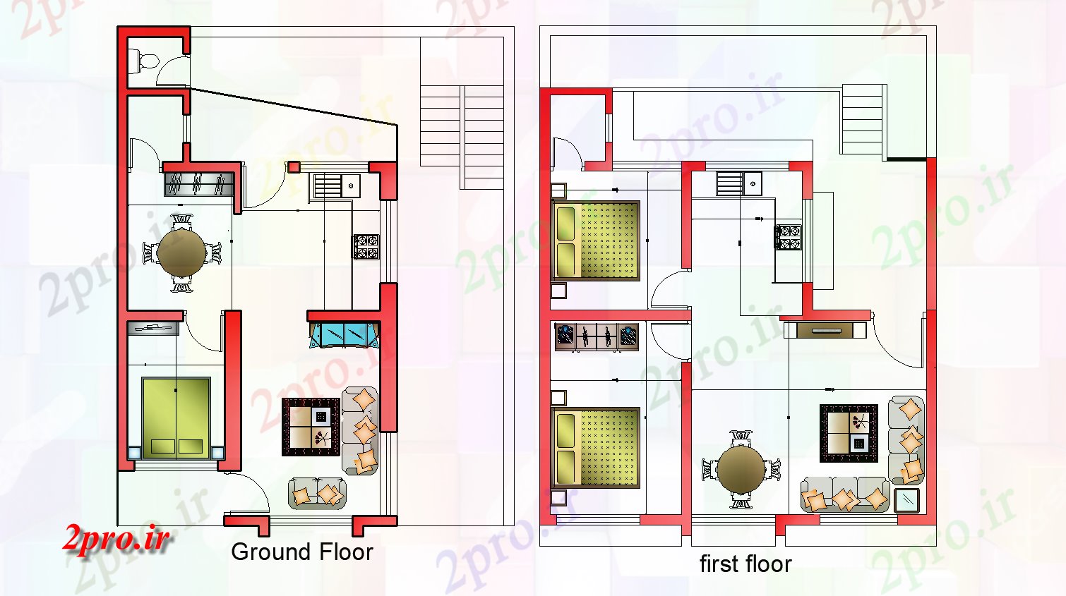 دانلود نقشه مسکونی ، ویلایی ، آپارتمان مبلمان جزئیات 34 در 37 متر (کد85211)