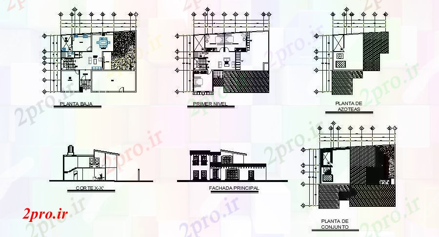 دانلود نقشه خانه های کوچک ، نگهبانی ، سازمانی - طرحی معماری 2 طبقه ویلا 1670mtr X 1266mtr با نما و بخش 11 در 12 متر (کد85268)