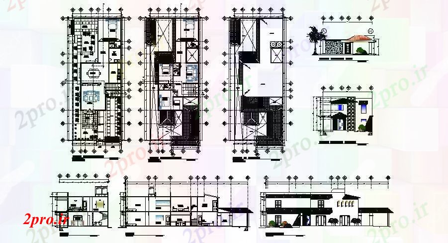 دانلود نقشه خانه های کوچک ، نگهبانی ، سازمانی - طراحی خانه های ویلایی 1000mtr X 2500mtr با نما و بخش 8 در 19 متر (کد85283)