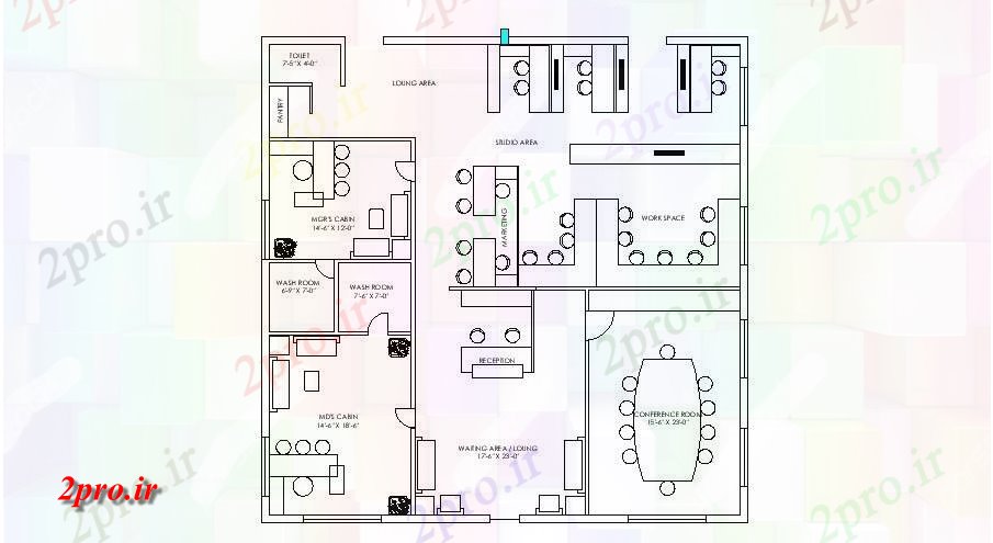 دانلود نقشه آپارتمان یک طبقه طرحی طبقه از دفتر مدیریت با جزئیات مبلمان 26 در 26 متر (کد85321)