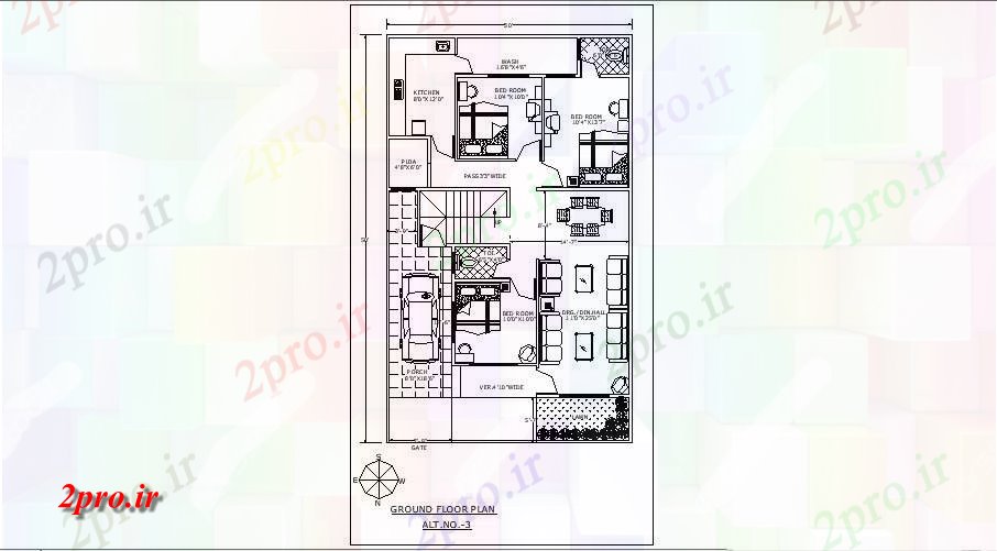 دانلود نقشه مسکونی ، ویلایی ، آپارتمان طرحی طبقه از خانه 30 با جزئیات مبلمان 'X 50' 36 در 53 متر (کد85327)